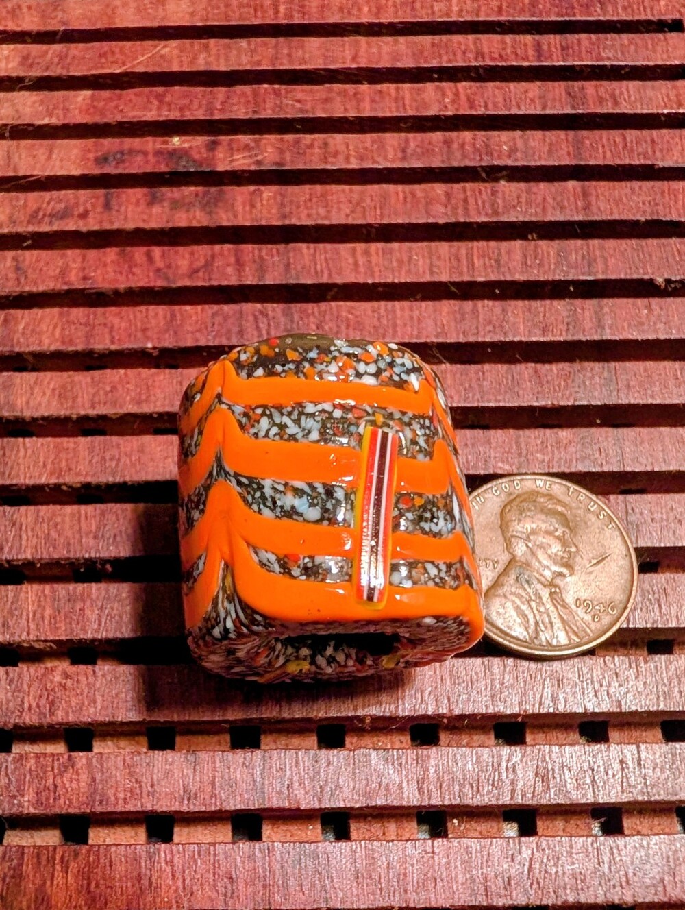 Large Vintage Handcrafted Orange Patterned Glass Accent Macrame Bead
